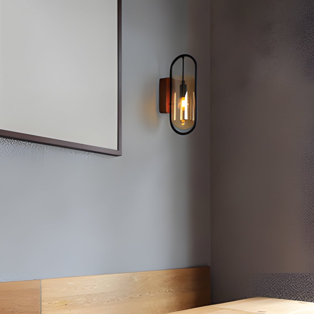 WINTERBOURNE NORDIC WOOD AND IRON WALL LANTERN WITH DIMMABLE GLASS SHADE