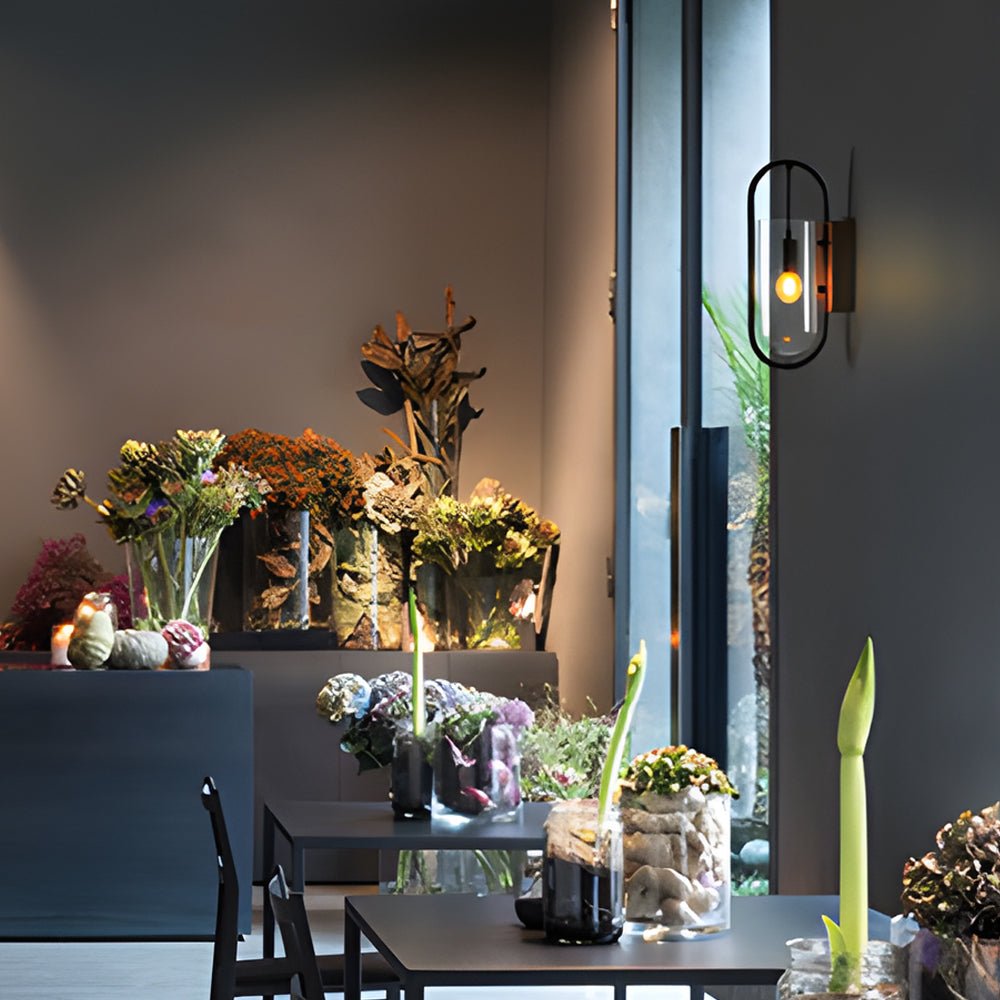 WINTERBOURNE NORDIC WOOD AND IRON WALL LANTERN WITH DIMMABLE GLASS SHADE