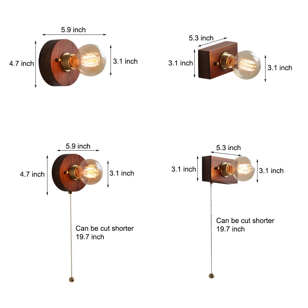 WINDSOR WALNUT CIRCLE & SQUARE WALL SCONCE WITH PULL CHAIN