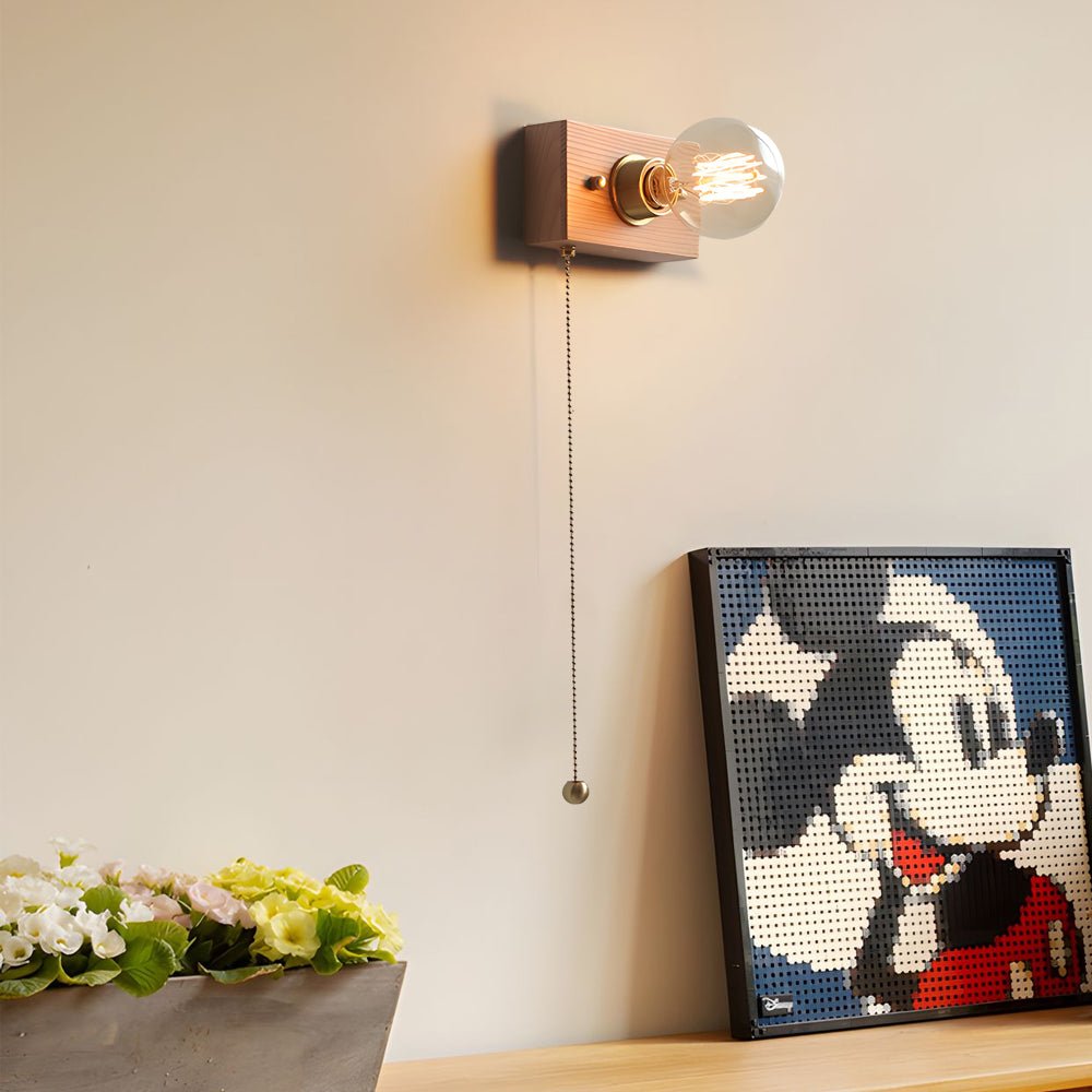 WINDSOR WALNUT CIRCLE & SQUARE WALL SCONCE WITH PULL CHAIN