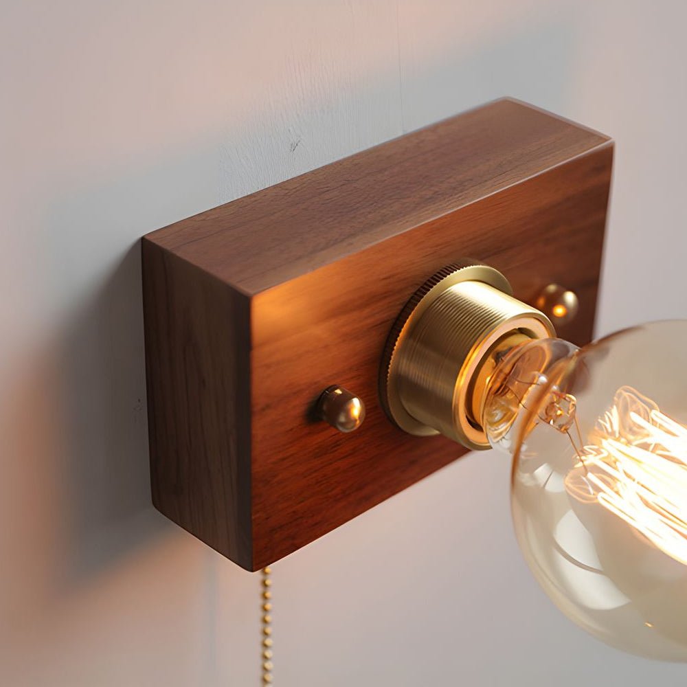 WINDSOR WALNUT CIRCLE & SQUARE WALL SCONCE WITH PULL CHAIN