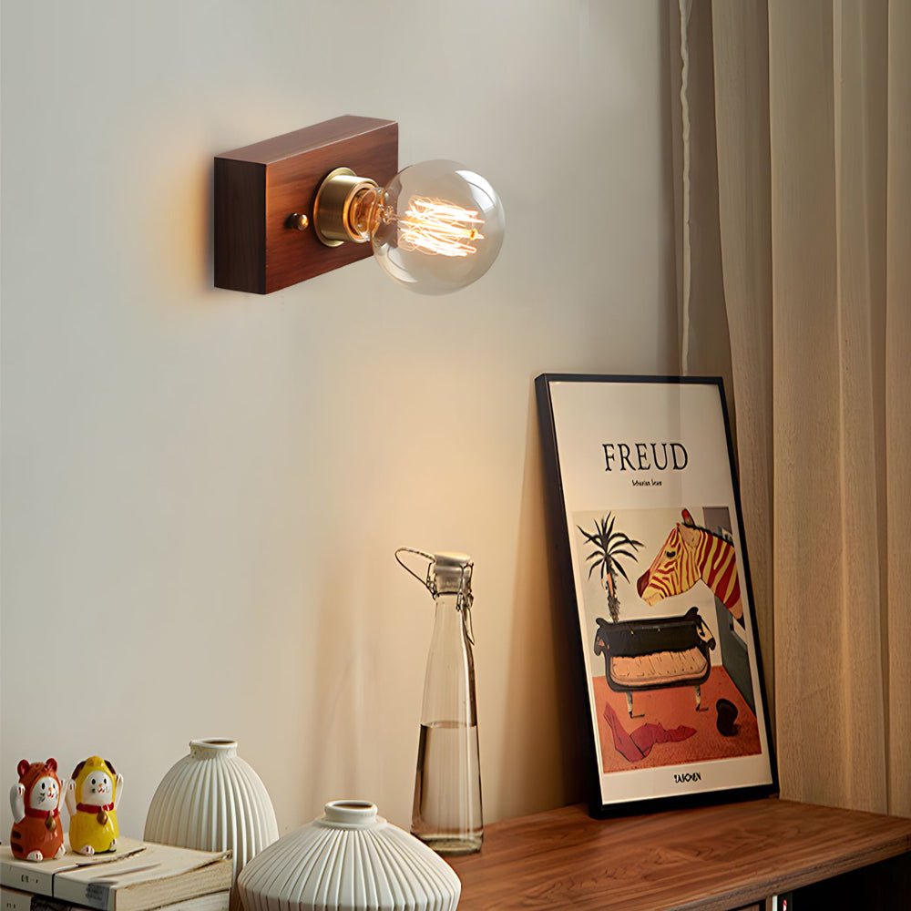 WINDSOR WALNUT CIRCLE & SQUARE WALL SCONCE WITH PULL CHAIN