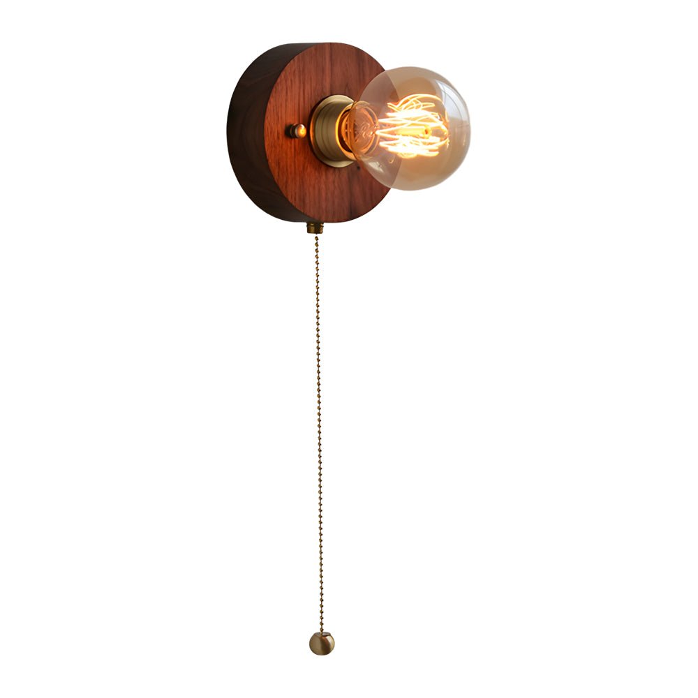 WINDSOR WALNUT CIRCLE & SQUARE WALL SCONCE WITH PULL CHAIN