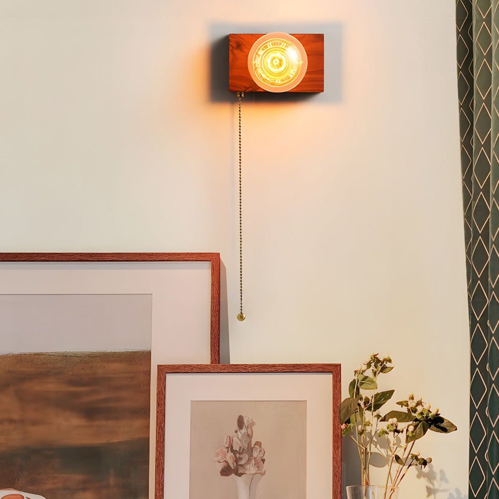 WINDSOR WALNUT CIRCLE & SQUARE WALL SCONCE WITH PULL CHAIN