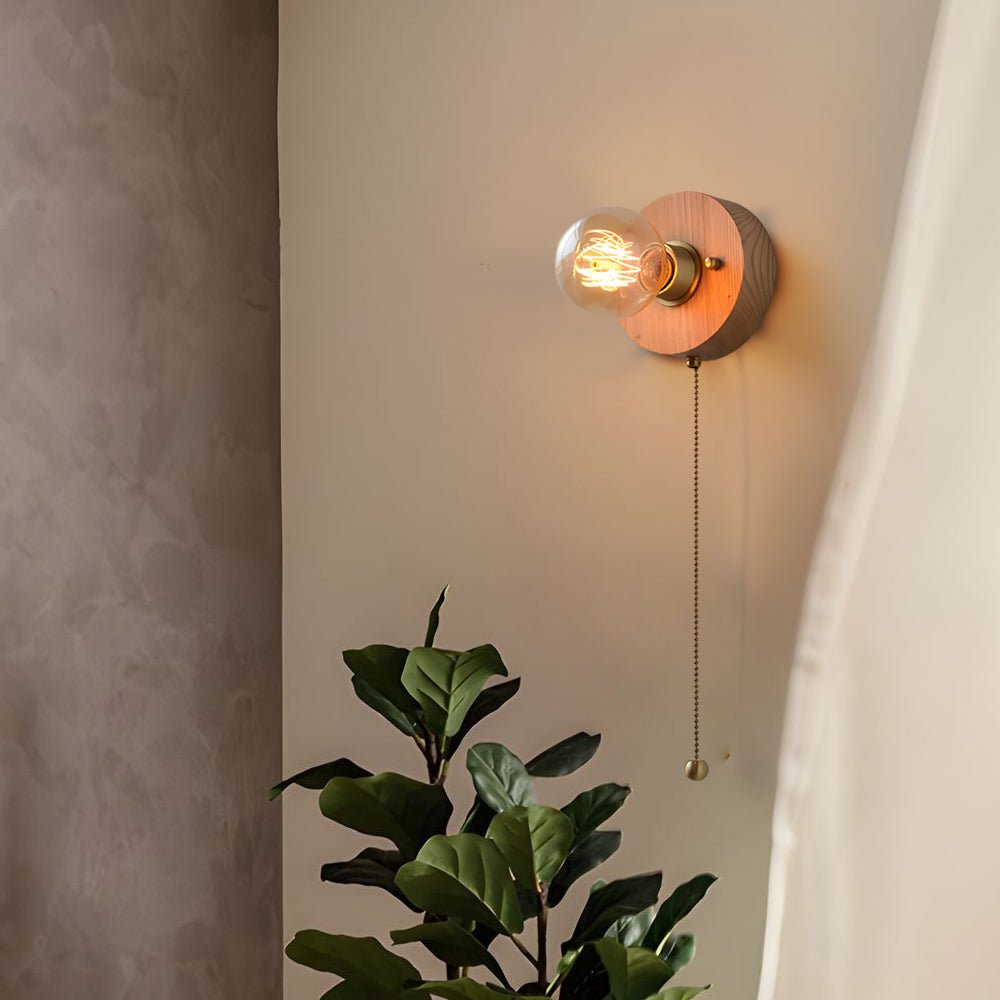 WINDSOR WALNUT CIRCLE & SQUARE WALL SCONCE WITH PULL CHAIN