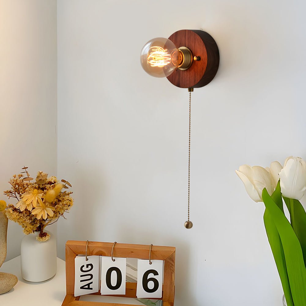 WINDSOR WALNUT CIRCLE & SQUARE WALL SCONCE WITH PULL CHAIN