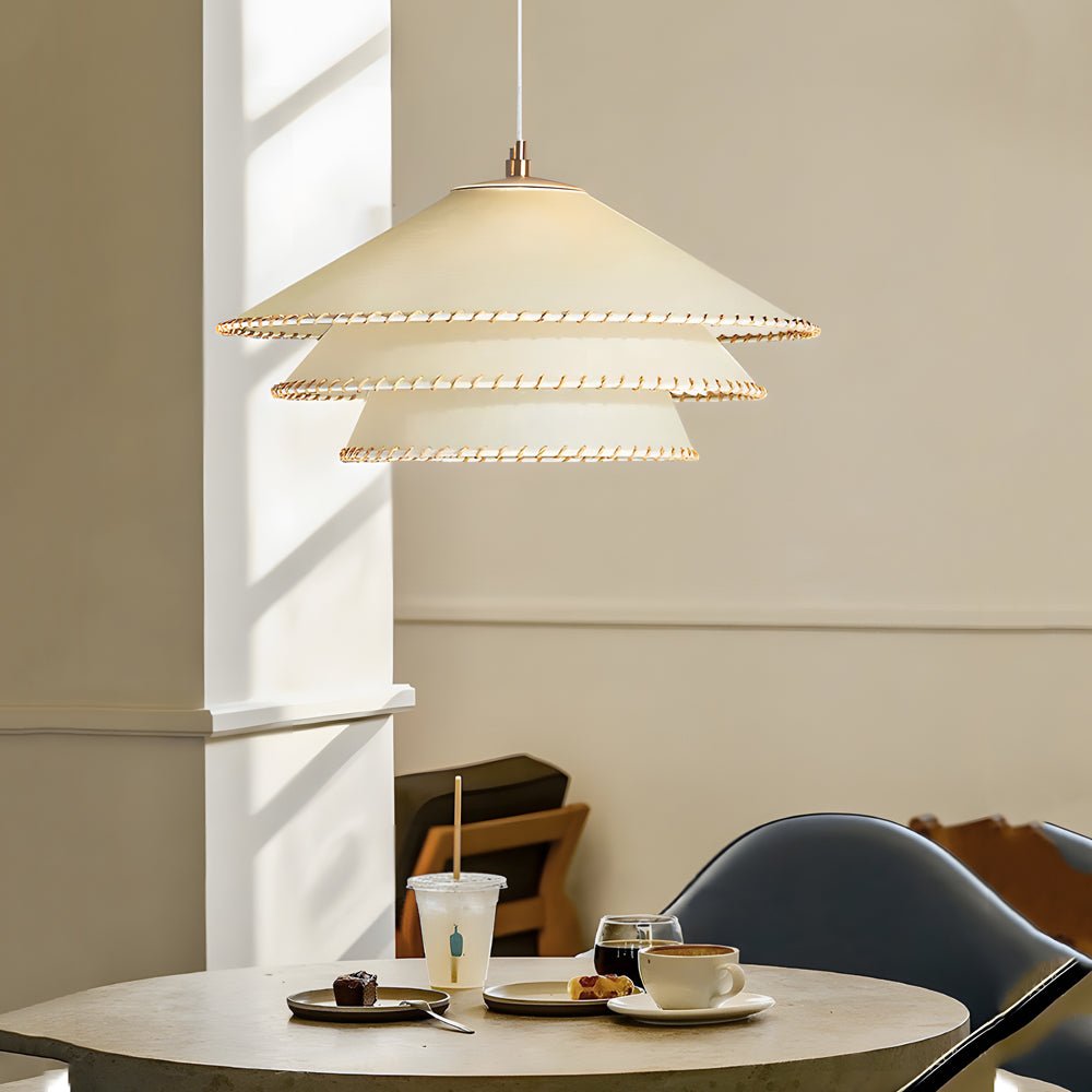 WHITLEY THREE-TIERED PARCHMENT HANGING LANTERN WITH FABRIC SHADE