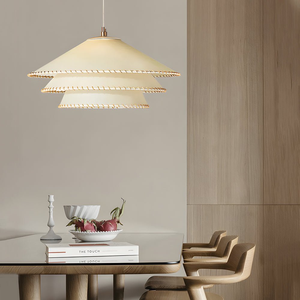 WHITLEY THREE-TIERED PARCHMENT HANGING LANTERN WITH FABRIC SHADE