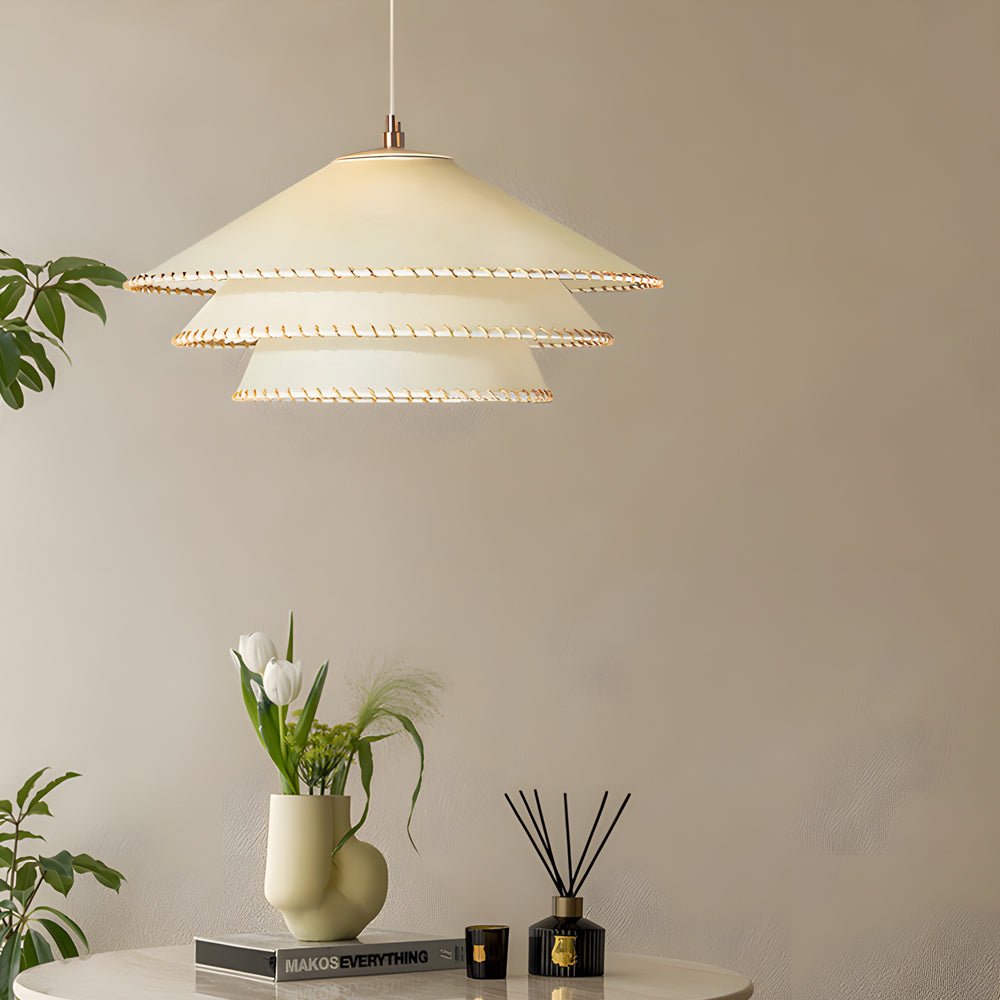 WHITLEY THREE-TIERED PARCHMENT HANGING LANTERN WITH FABRIC SHADE
