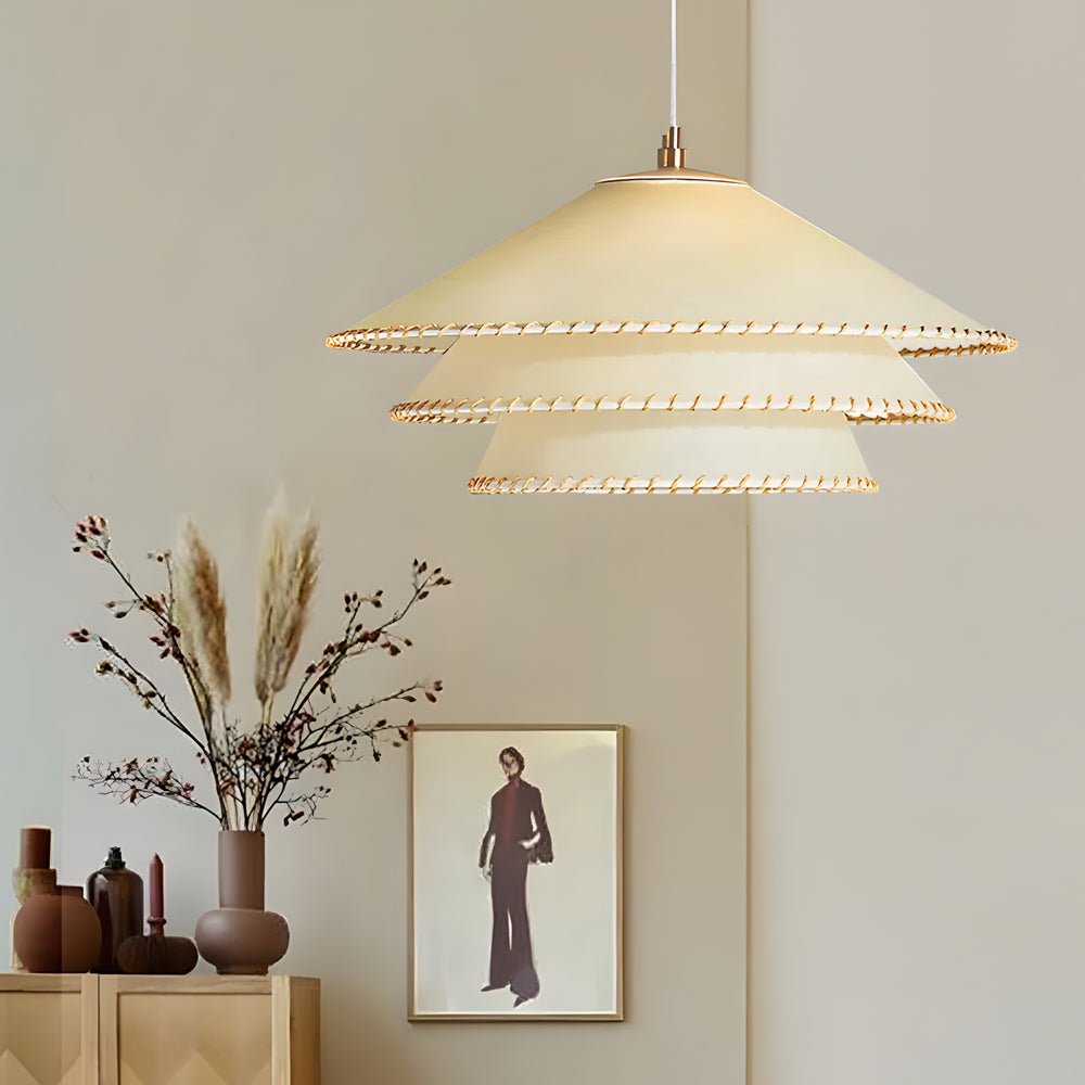 WHITLEY THREE-TIERED PARCHMENT HANGING LANTERN WITH FABRIC SHADE
