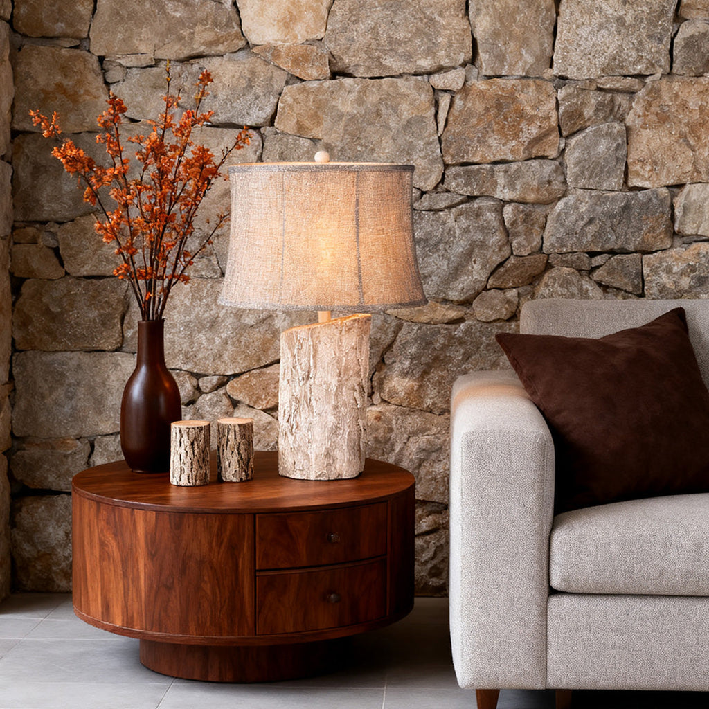 WINCHESTER WOODLAND TABLE LANTERN, REALISTIC BARK TEXTILE SHADE, SOFT GLOW ILLUMINATOR