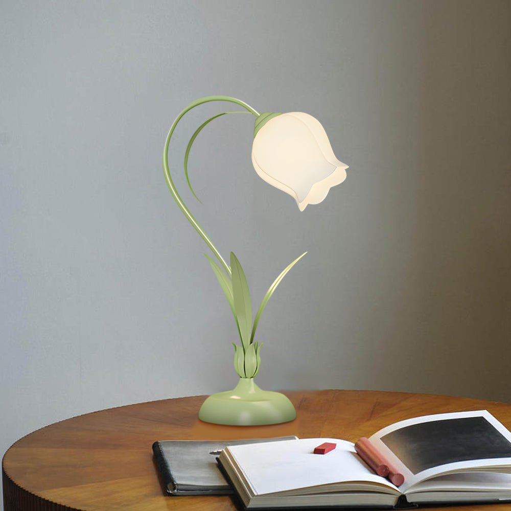 FENWICK OLIVE DESK LANTERN WITH IVORY BOTANICAL SHADE AND TRIPLE INTENSITY CONTROL