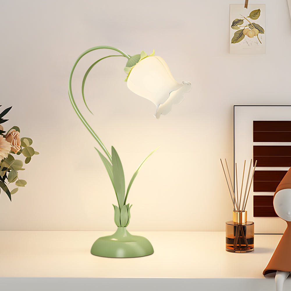 FENWICK OLIVE DESK LANTERN WITH IVORY BOTANICAL SHADE AND TRIPLE INTENSITY CONTROL