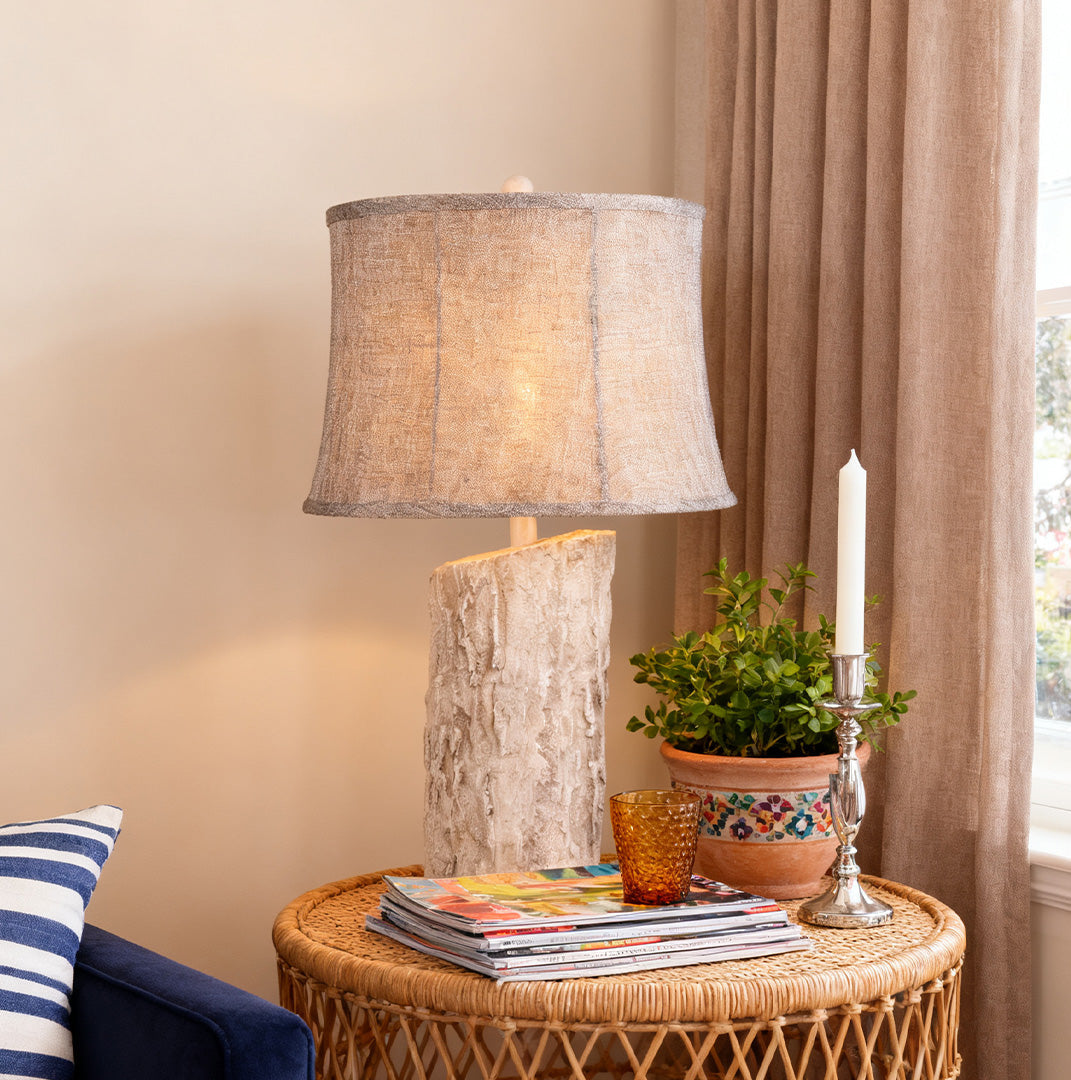WINCHESTER WOODLAND TABLE LANTERN, REALISTIC BARK TEXTILE SHADE, SOFT GLOW ILLUMINATOR