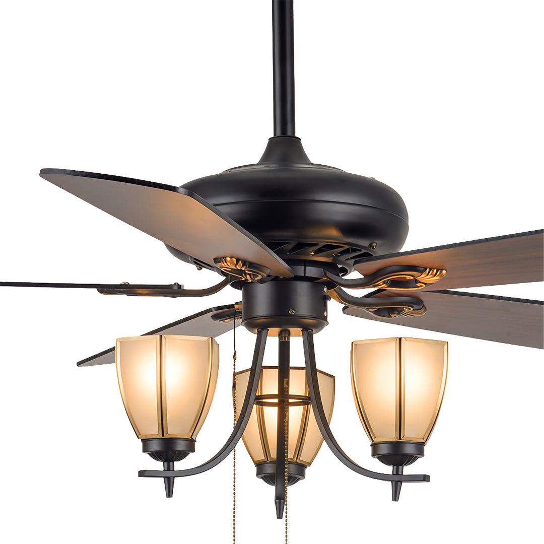 1. **WILLOUGHBY WOODEN BLADES CEILING LIGHTING FAN**  
   A charming ceiling fan featuring a rich wood grain finish and integrated lighting for a warm ambiance.

2. **FARNHAM RUSTIC AIRFLOW LAMP FAN**  
   A vintage-inspired fan with a dark wood aesthetic