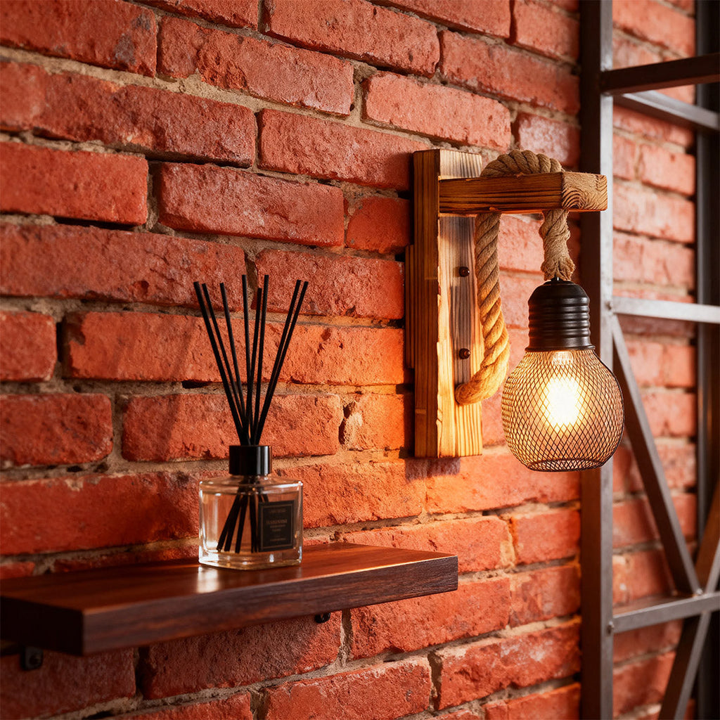 RAVENWOOD RUSTIC IRON AND HEMP ROPE WALL LANTERN