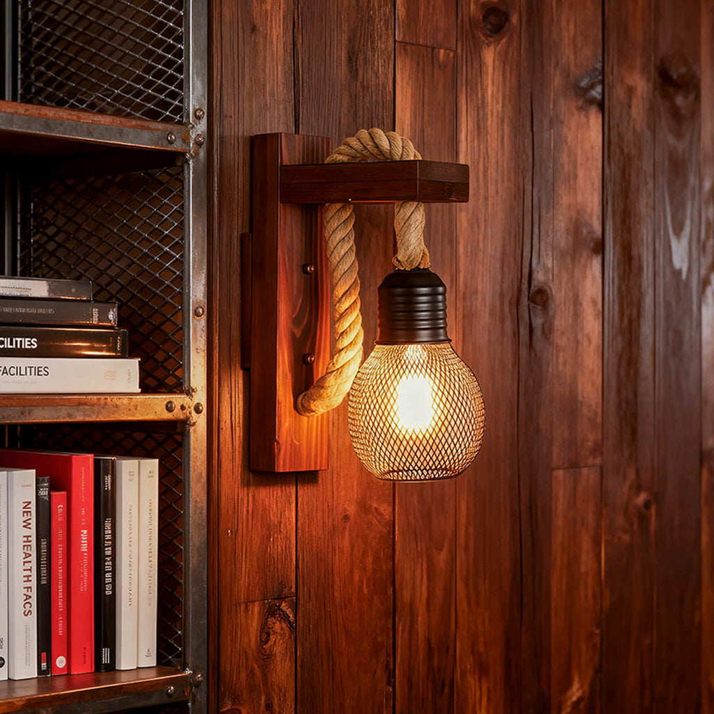 RAVENWOOD RUSTIC IRON AND HEMP ROPE WALL LANTERN