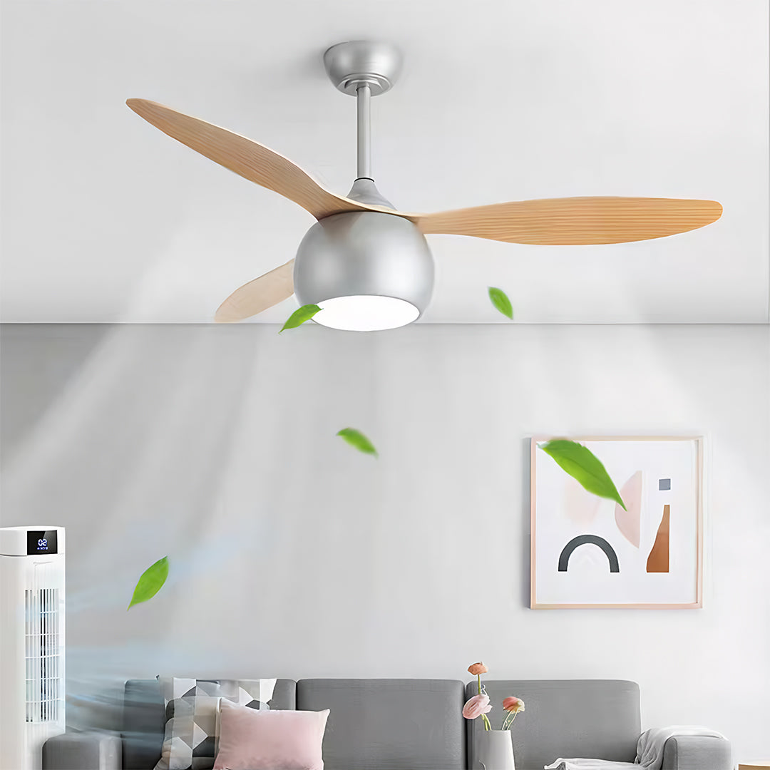 WINTHROP SILVER WHIRL CEILING FAN WITH LIGHT WOOD GRAIN LED ILLUMINATION