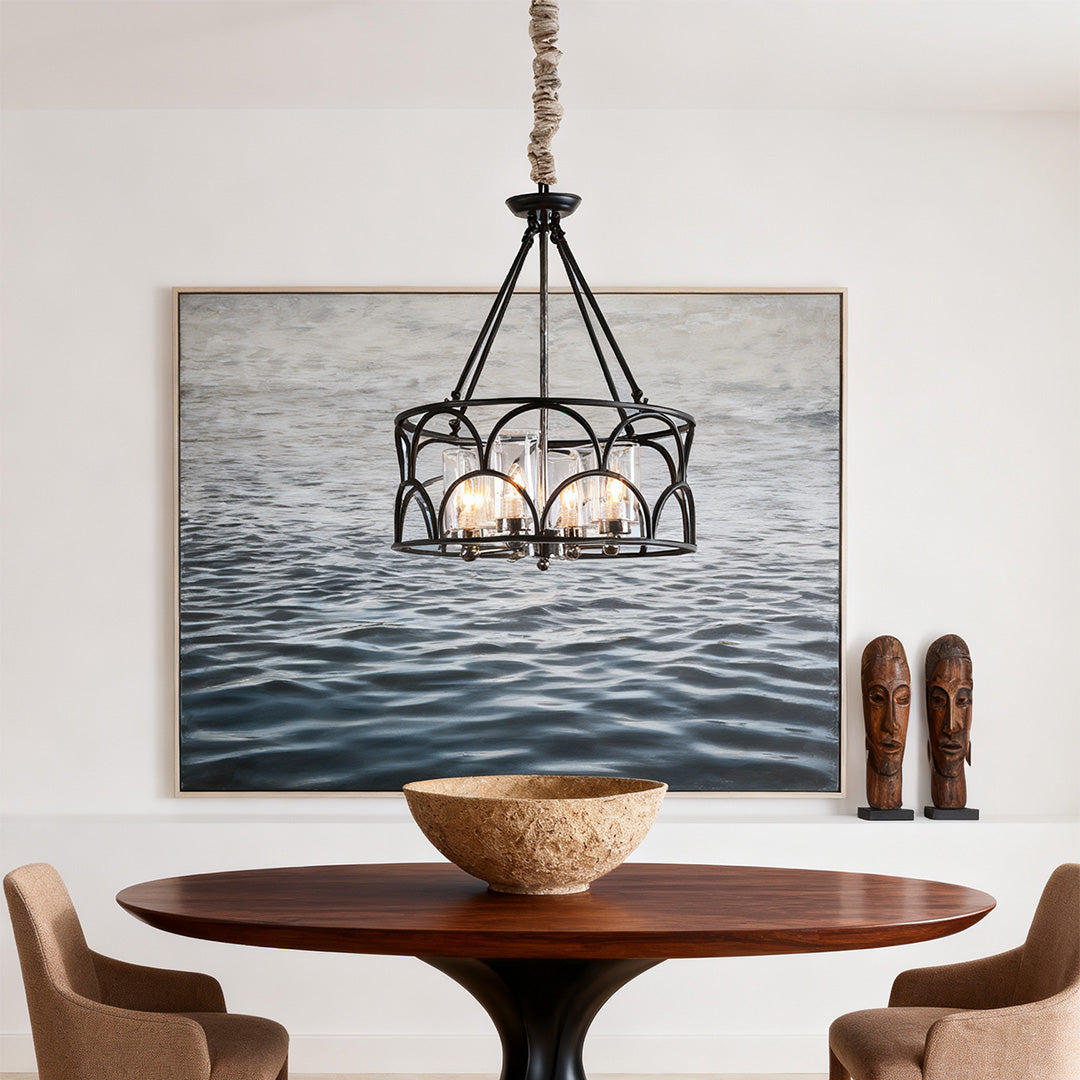 WINTHROP VINTAGE BLACK METAL AND GLASS CEILING CHANDELIER