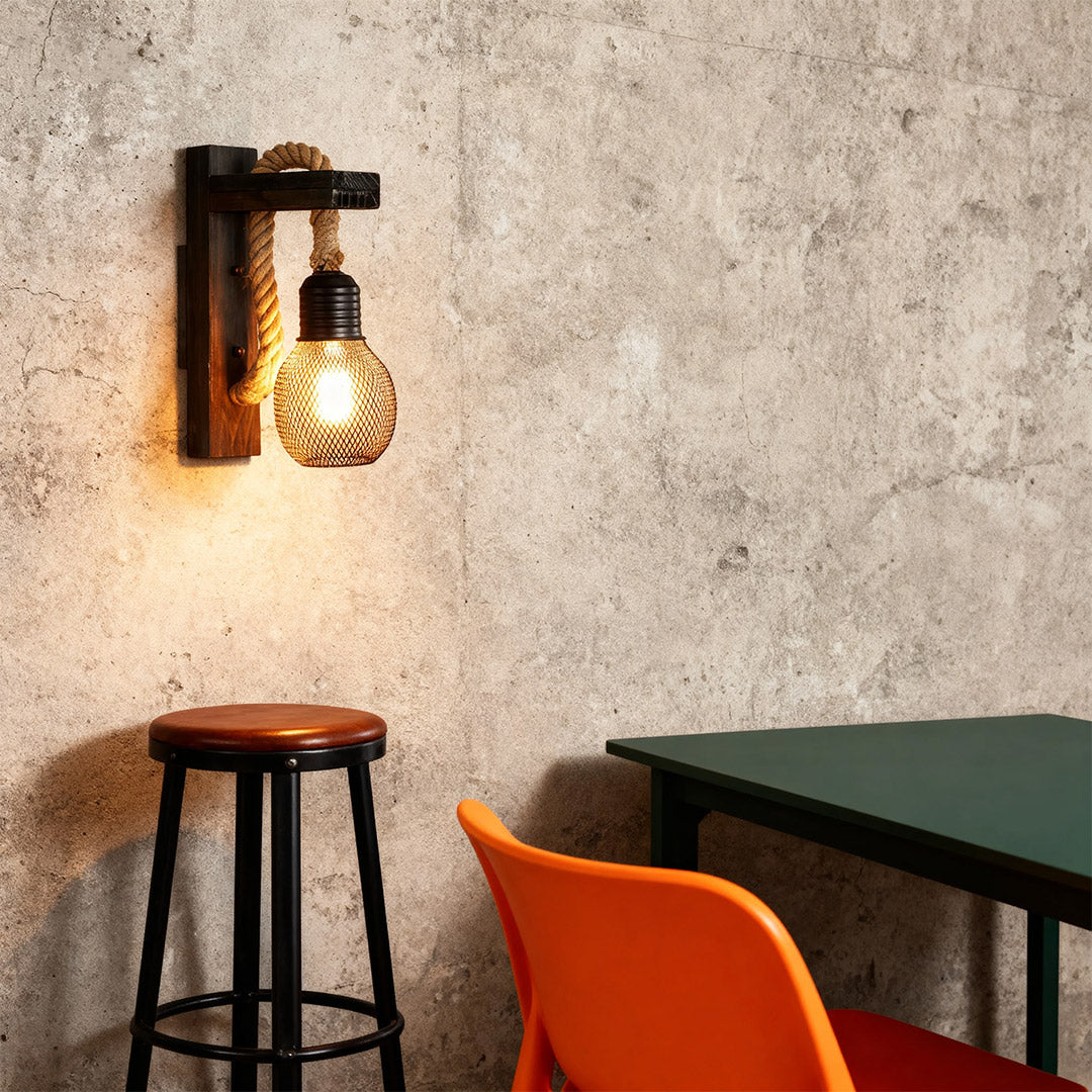 RAVENWOOD RUSTIC IRON AND HEMP ROPE WALL LANTERN