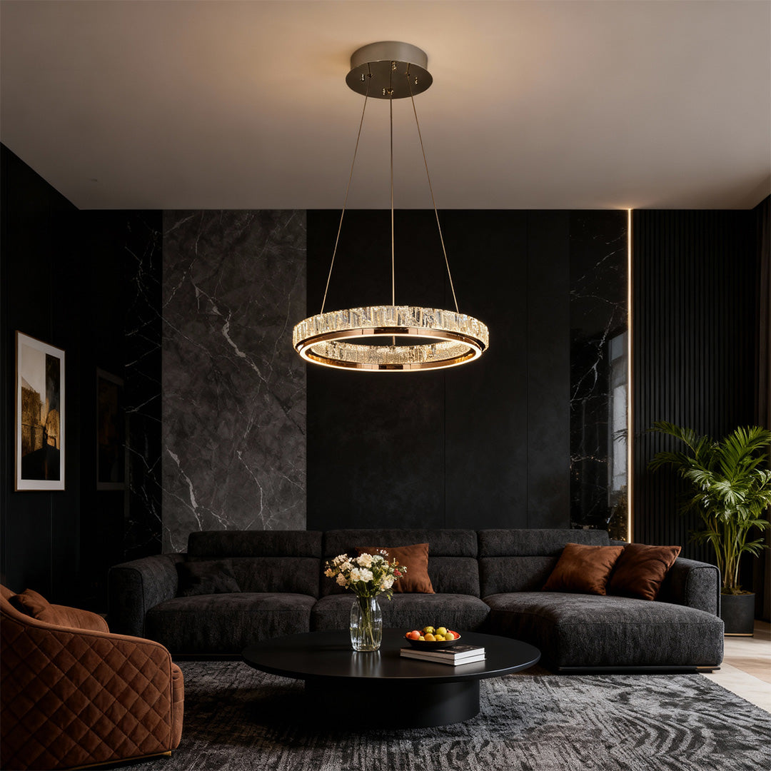 WILLOUGHBY CRYSTAL RING CEILING LUMINAIRE"  
2. "CAVENDISH MODERN GLASS CHANDELIER"  
3. "ASTOR ROUND CRYSTAL ILLUMINATOR"  
4. "MONTGOMERY LUSTROUS RING LIGHT"  
5. "HENLEY SPARKLING CEILING ORB"  
6. "PENROSE CONTEMPORARY CRYSTAL HANGING LIGHT"  
7. "BR