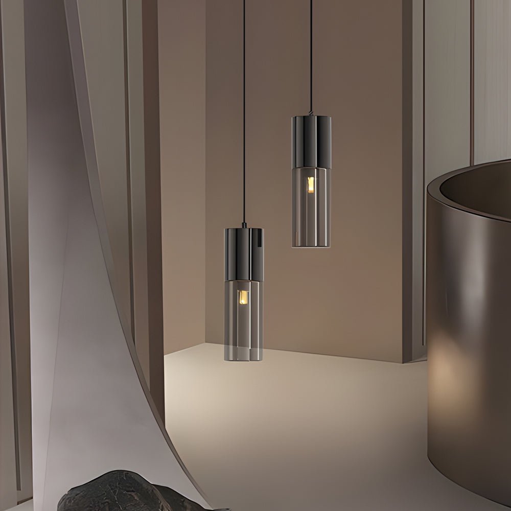WINTHROP SMOKED GLASS CYLINDRICAL PENDANT WITH DIMMABLE ILLUMINATION