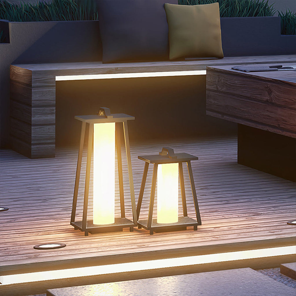 RAVENSCROFT WEATHERPROOF TAPERED IRON GARDEN LANTERNS WITH JAPANESE INSPIRATION AND LED ILLUMINATION