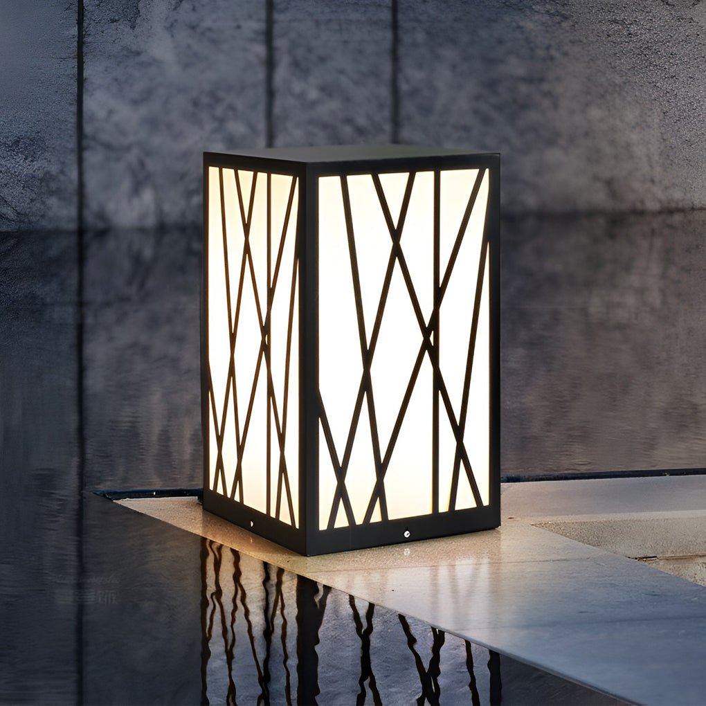 BRAMBLETON 20W SQUARE SOLAR BOLLARD WITH GEOMETRIC LAMPSHADE