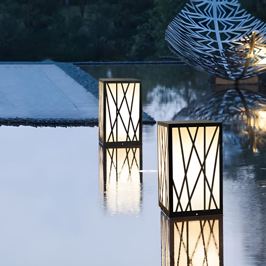 BRAMBLETON 20W SQUARE SOLAR BOLLARD WITH GEOMETRIC LAMPSHADE