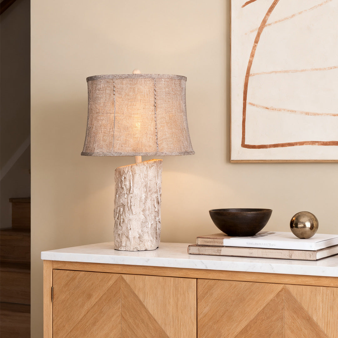 WINCHESTER WOODLAND TABLE LANTERN, REALISTIC BARK TEXTILE SHADE, SOFT GLOW ILLUMINATOR