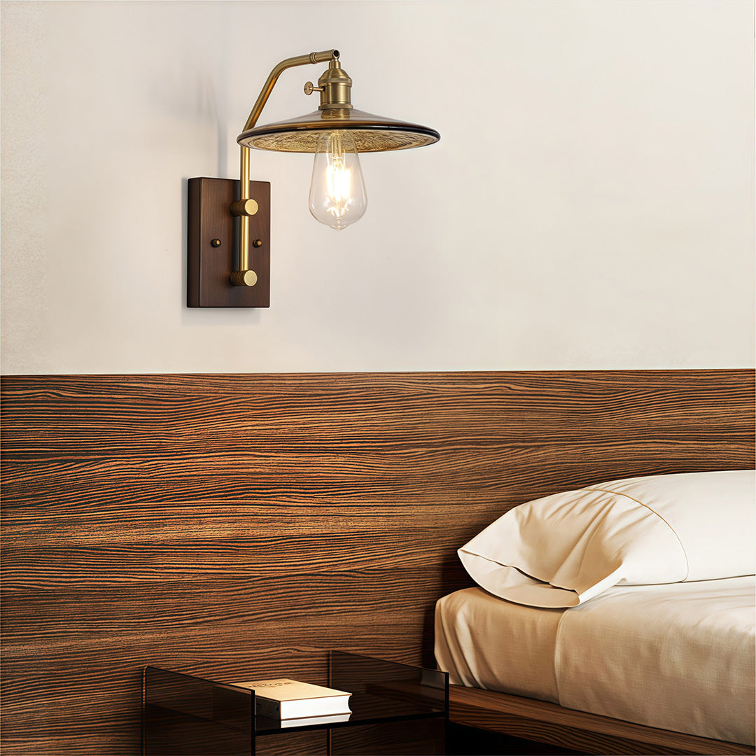 TAKASHI WAVE GLASS SCONCE WITH IRON FRAME AND RUBBERWOOD ACCENTS