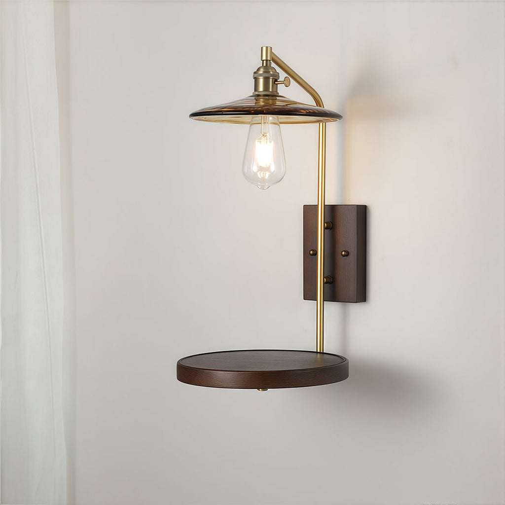 TAKASHI WAVE GLASS SCONCE WITH IRON FRAME AND RUBBERWOOD ACCENTS