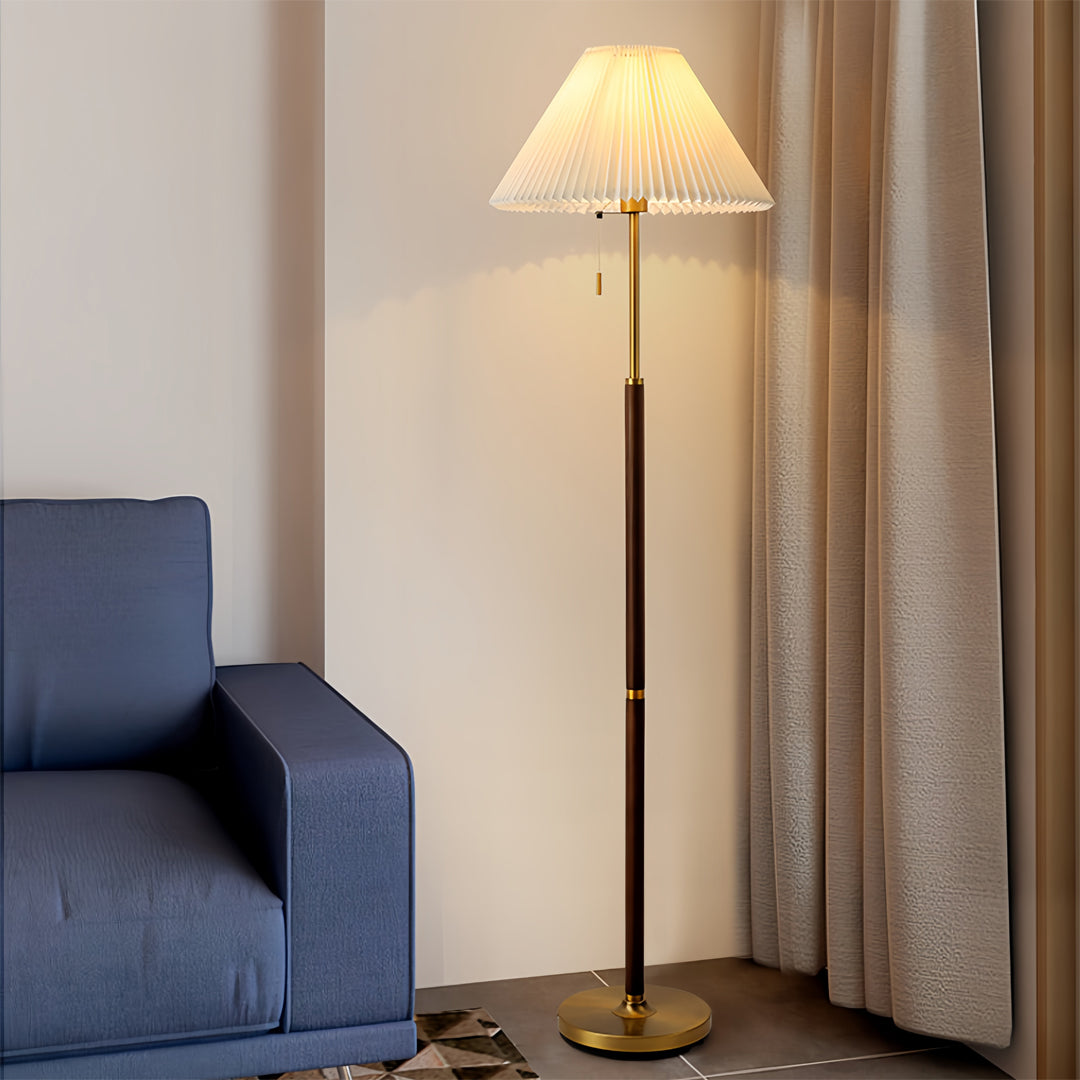FENWICK WOODEN FLOOR LANTERN WITH PLEATED TEXTILE SHADE
