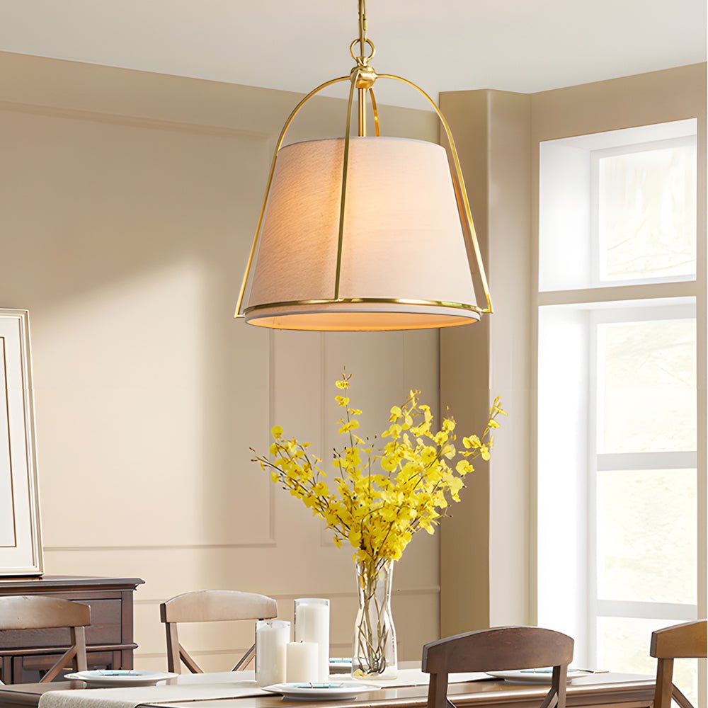 WINTHROP TRAPEZOIDAL GOLD PENDANT WITH WHITE TEXTILE SHADE