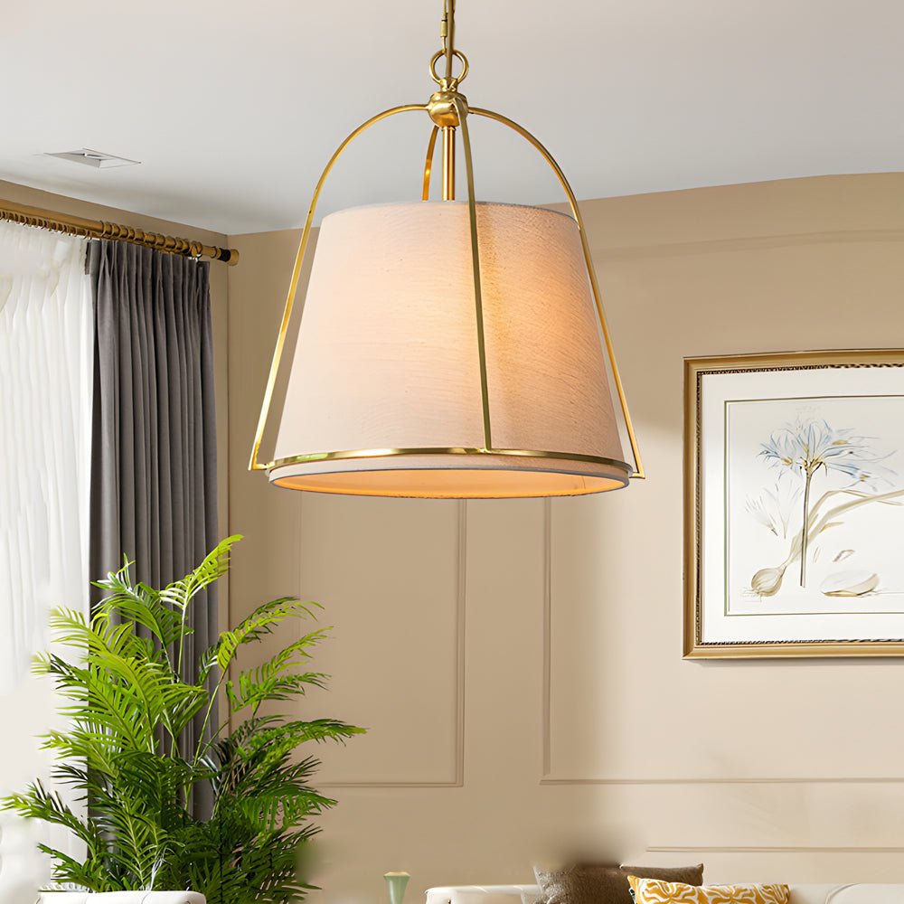 WINTHROP TRAPEZOIDAL GOLD PENDANT WITH WHITE TEXTILE SHADE