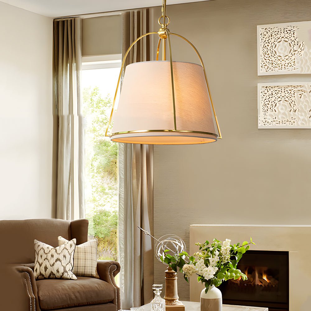 WINTHROP TRAPEZOIDAL GOLD PENDANT WITH WHITE TEXTILE SHADE