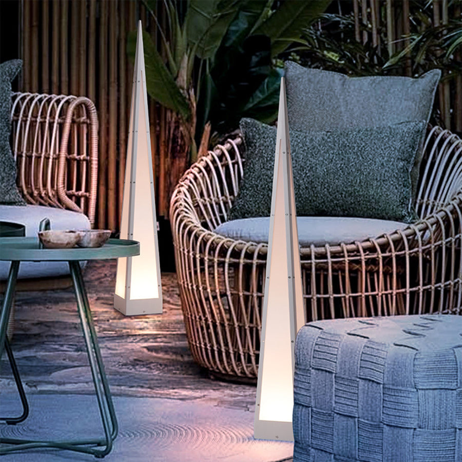 WINTHROP PYRAMIDAL STAINLESS STEEL FLOOR LAMP WITH WATER-RESISTANT DESIGN
