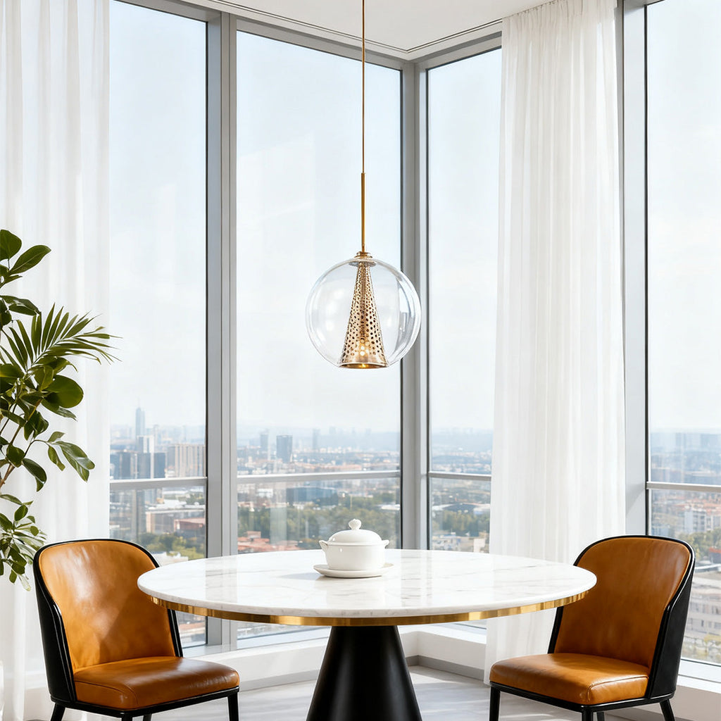WINDSOR PERFORATED METAL CONE AND GLASS ORB PENDANT LIGHT