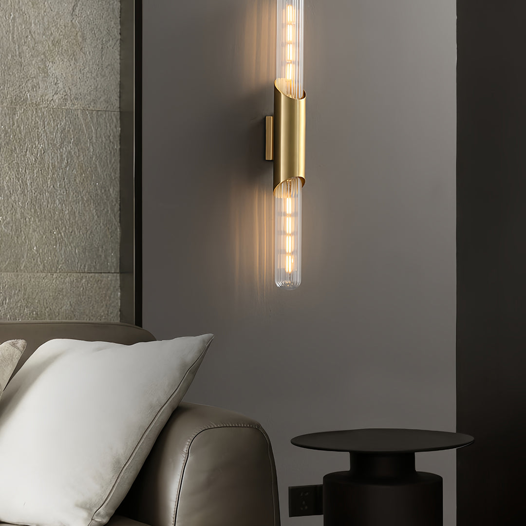 WINTHROP BRASS CYLINDRICAL WALL SCONCE WITH GLASS ELEMENTS