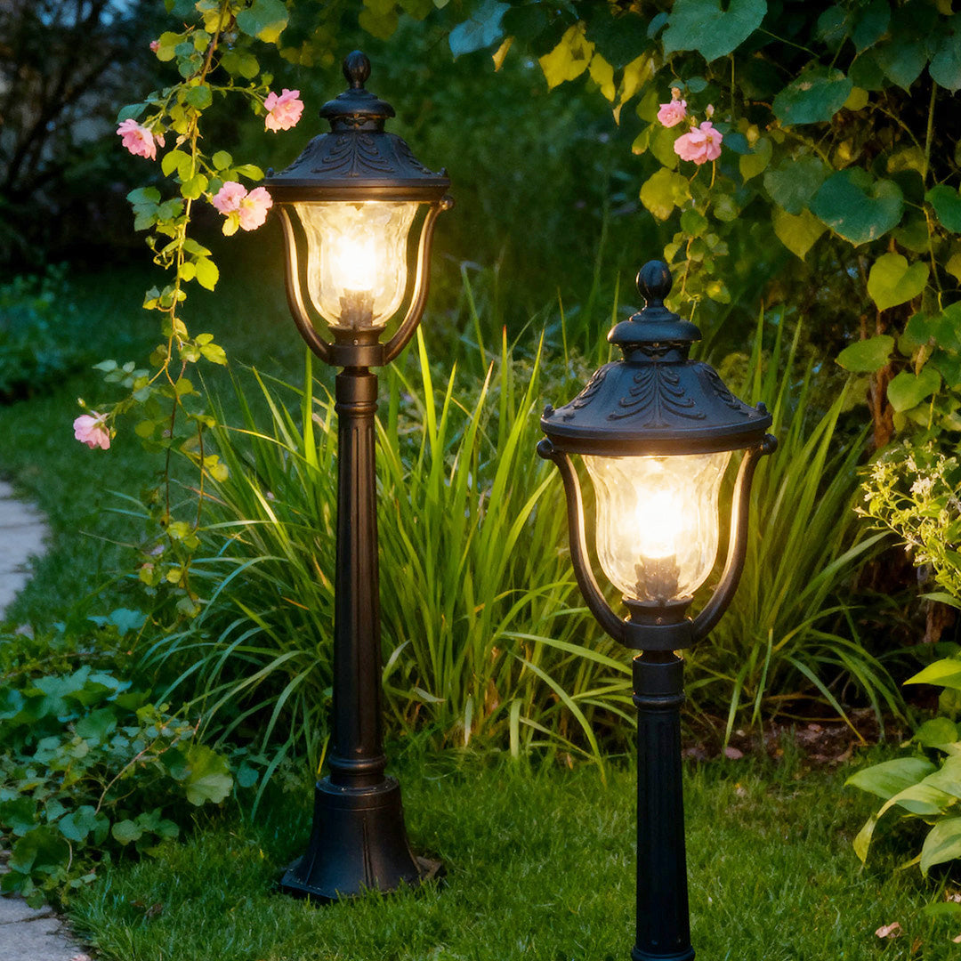 WHITBY ALUMINUM GARDEN BOLLARD WITH GLASS LANTERN SHADE