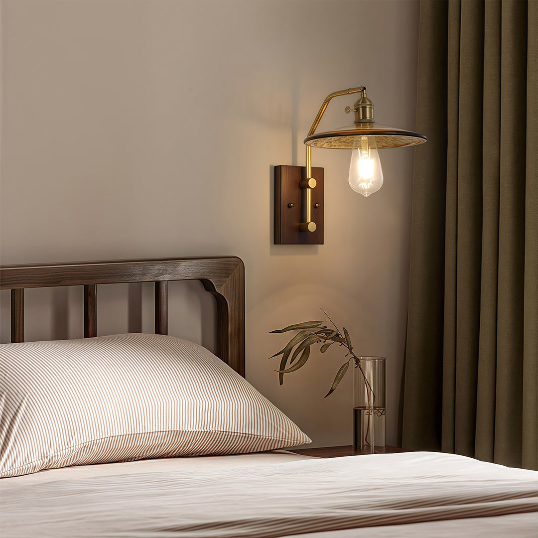 TAKASHI WAVE GLASS SCONCE WITH IRON FRAME AND RUBBERWOOD ACCENTS