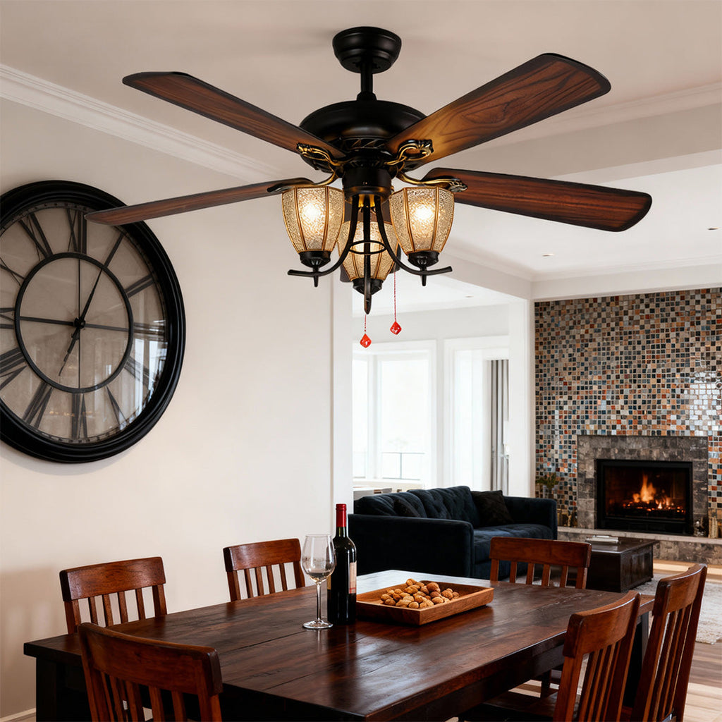 1. **WILLOUGHBY WOODEN BLADES CEILING LIGHTING FAN**  
   A charming ceiling fan featuring a rich wood grain finish and integrated lighting for a warm ambiance.

2. **FARNHAM RUSTIC AIRFLOW LAMP FAN**  
   A vintage-inspired fan with a dark wood aesthetic