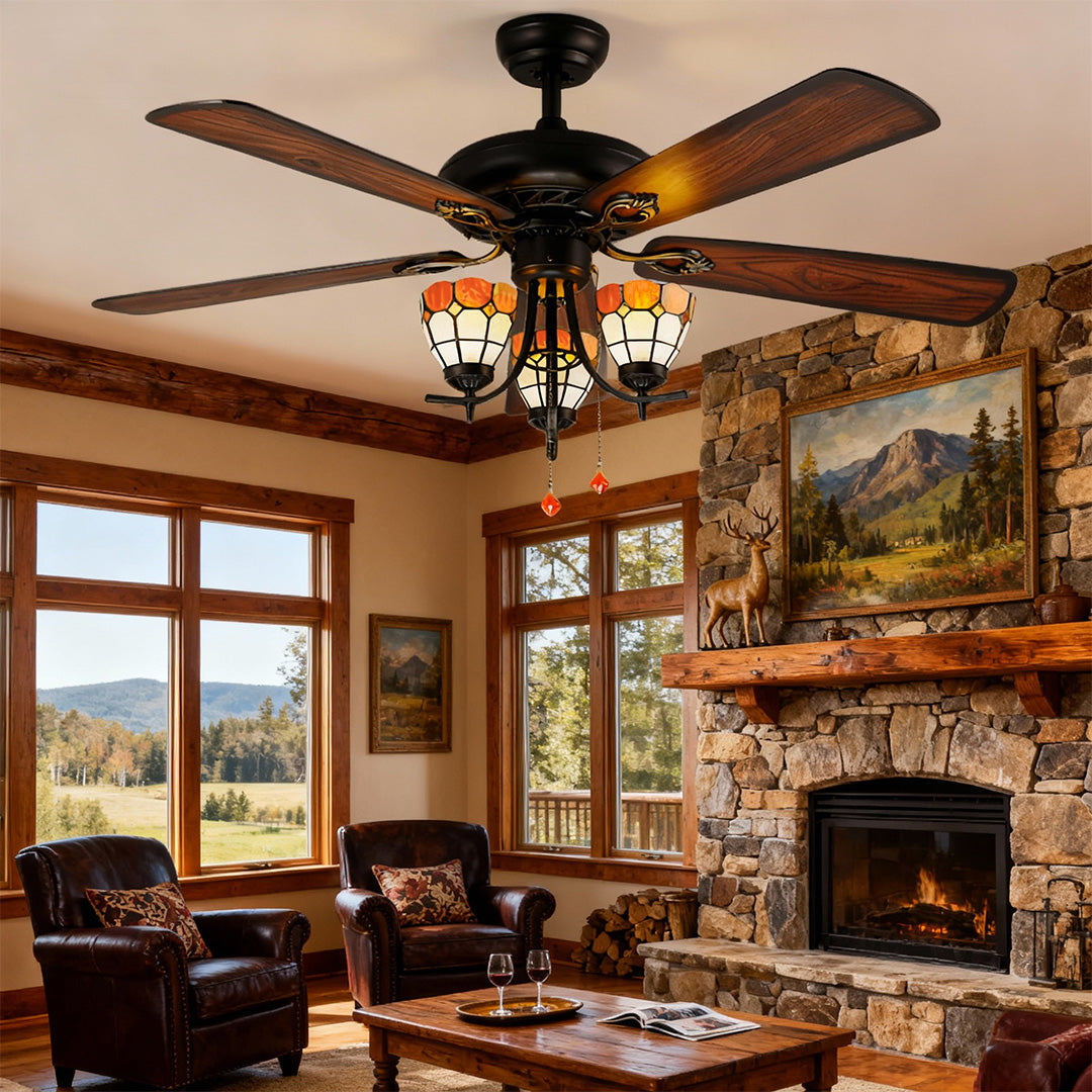 1. **WILLOUGHBY WOODEN BLADES CEILING LIGHTING FAN**  
   A charming ceiling fan featuring a rich wood grain finish and integrated lighting for a warm ambiance.

2. **FARNHAM RUSTIC AIRFLOW LAMP FAN**  
   A vintage-inspired fan with a dark wood aesthetic