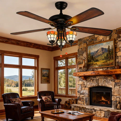 1. **WILLOUGHBY WOODEN BLADES CEILING LIGHTING FAN**  
   A charming ceiling fan featuring a rich wood grain finish and integrated lighting for a warm ambiance.

2. **FARNHAM RUSTIC AIRFLOW LAMP FAN**  
   A vintage-inspired fan with a dark wood aesthetic