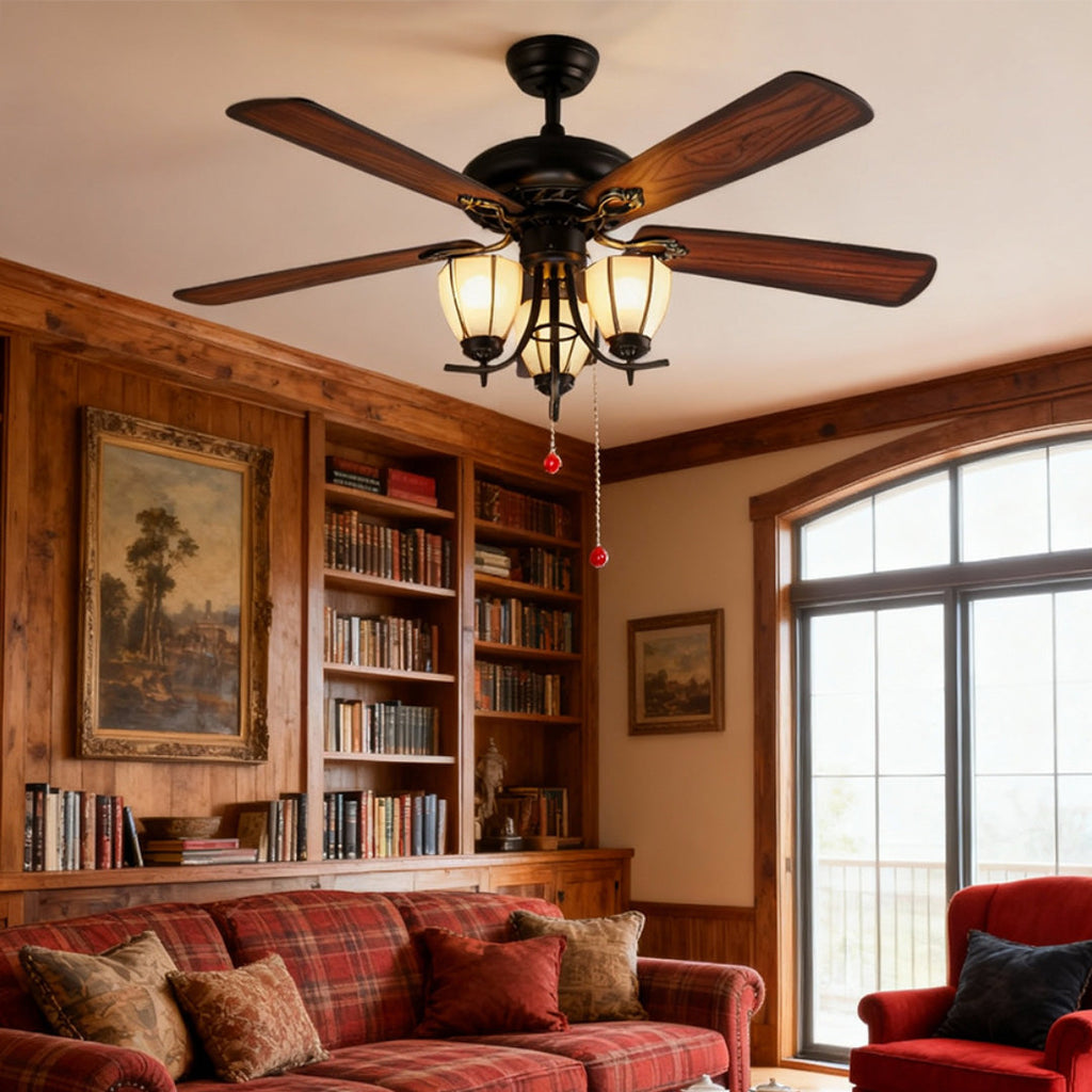 1. **WILLOUGHBY WOODEN BLADES CEILING LIGHTING FAN**  
   A charming ceiling fan featuring a rich wood grain finish and integrated lighting for a warm ambiance.

2. **FARNHAM RUSTIC AIRFLOW LAMP FAN**  
   A vintage-inspired fan with a dark wood aesthetic
