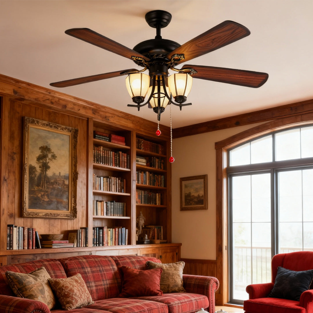 1. **WILLOUGHBY WOODEN BLADES CEILING LIGHTING FAN**  
   A charming ceiling fan featuring a rich wood grain finish and integrated lighting for a warm ambiance.

2. **FARNHAM RUSTIC AIRFLOW LAMP FAN**  
   A vintage-inspired fan with a dark wood aesthetic