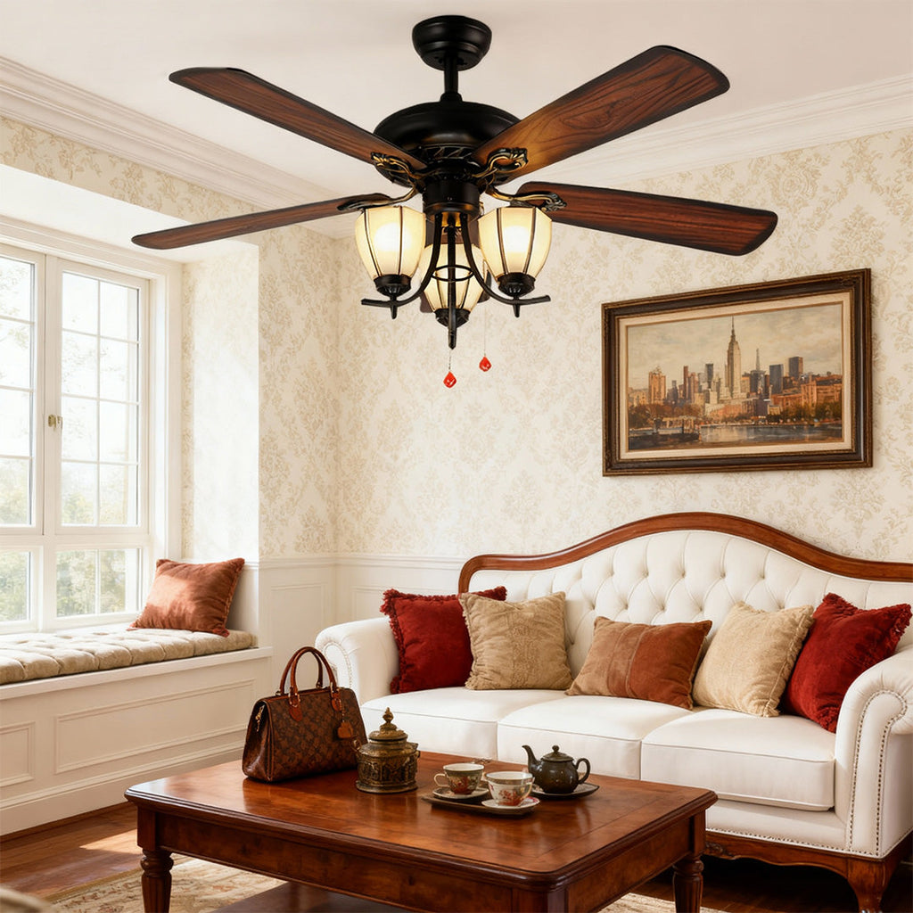1. **WILLOUGHBY WOODEN BLADES CEILING LIGHTING FAN**  
   A charming ceiling fan featuring a rich wood grain finish and integrated lighting for a warm ambiance.

2. **FARNHAM RUSTIC AIRFLOW LAMP FAN**  
   A vintage-inspired fan with a dark wood aesthetic