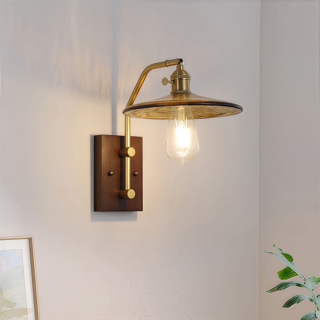 TAKASHI WAVE GLASS SCONCE WITH IRON FRAME AND RUBBERWOOD ACCENTS