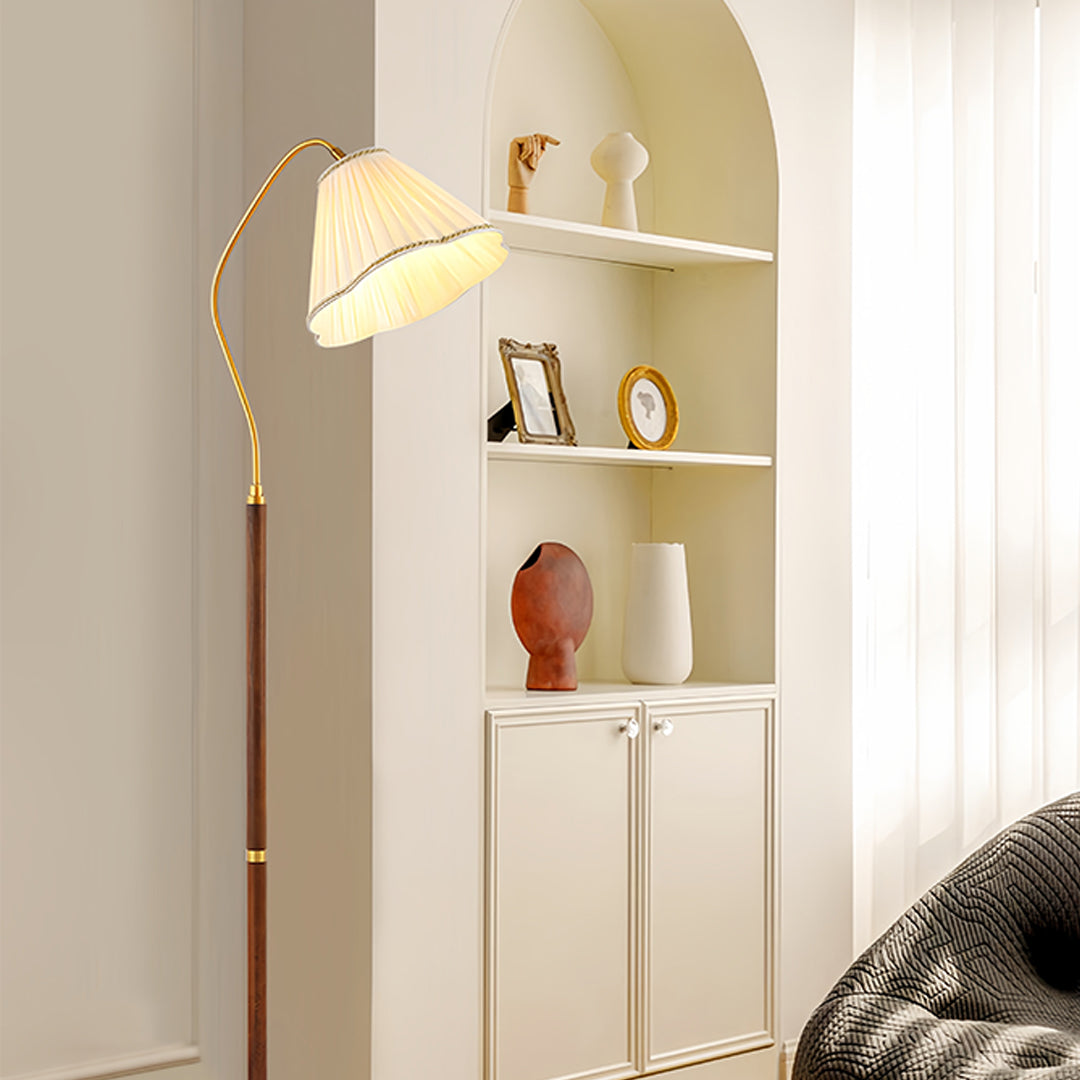 WHITBY WALNUT STANDING LAMP WITH VINTAGE FABRIC SHADE