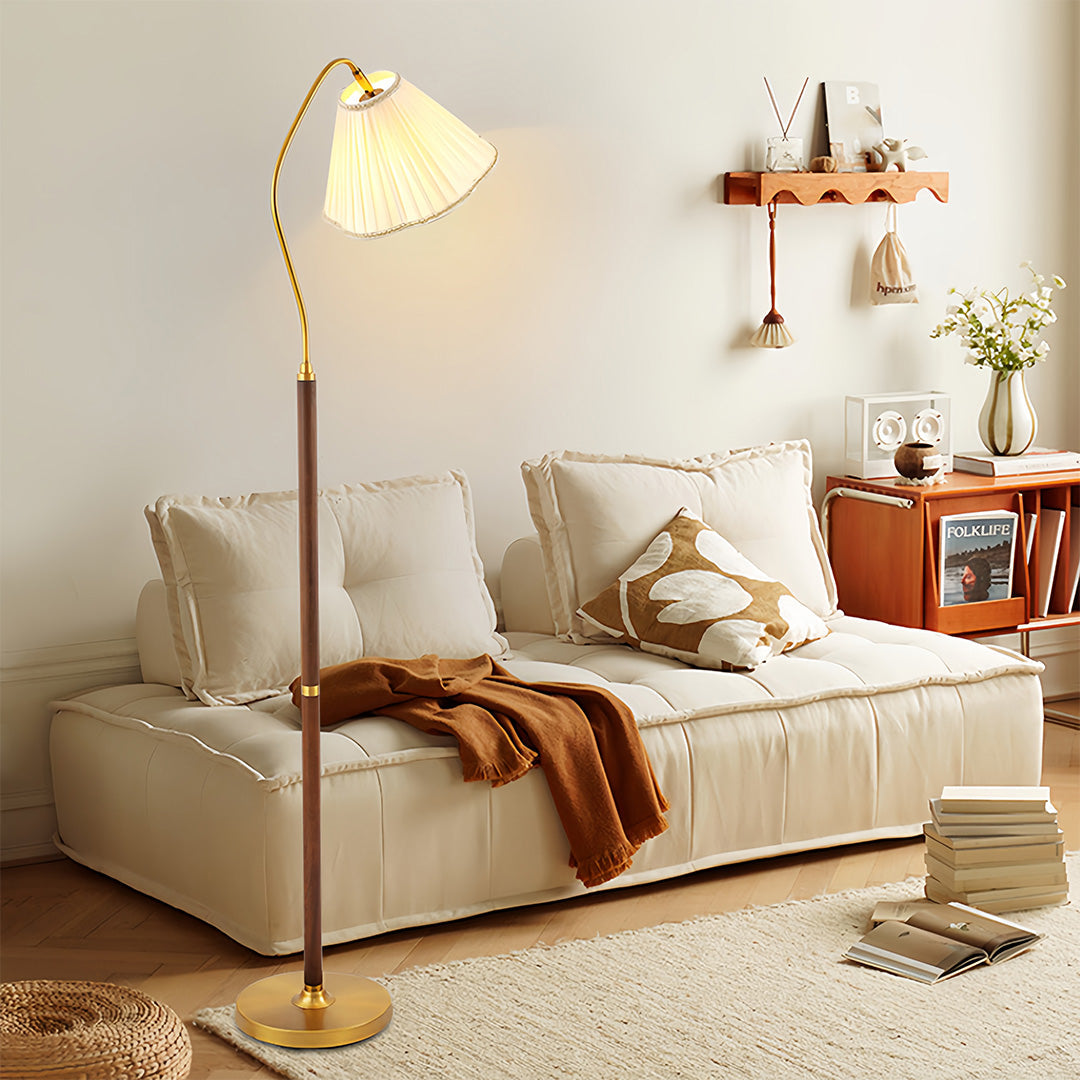 WHITBY WALNUT STANDING LAMP WITH VINTAGE FABRIC SHADE